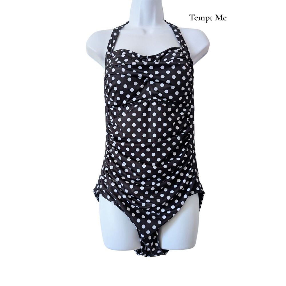 NWT Tempt Me One Piece Swimsuit XL Black White Polka Dot Halter